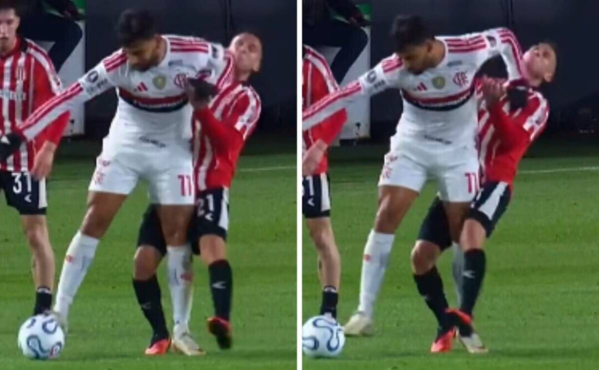 Codazo de Lucas Paquetá a Piovi en el partido de Estudiantes contra Flamengo.
