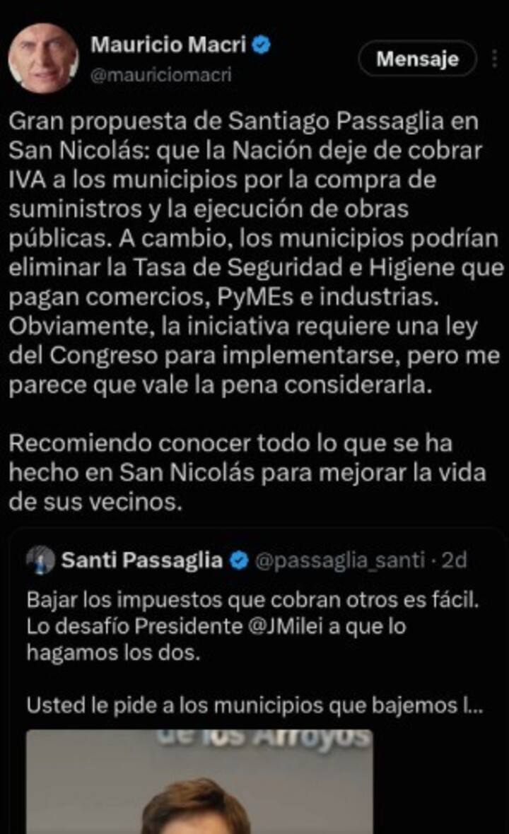 El tuit de Macri apoyando a Passaglia.