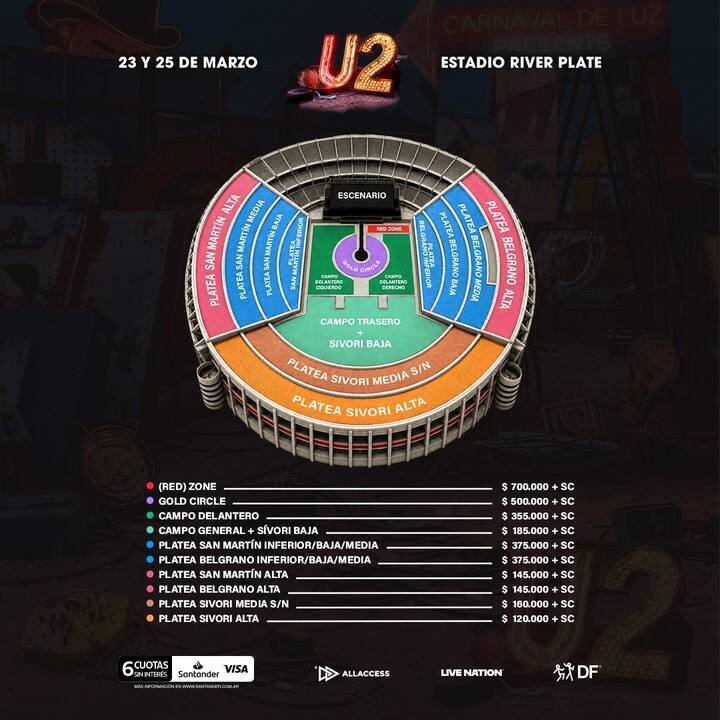 Mapa de precios del Show de U2 en el estadio River Plate: Foto DF Entertainment