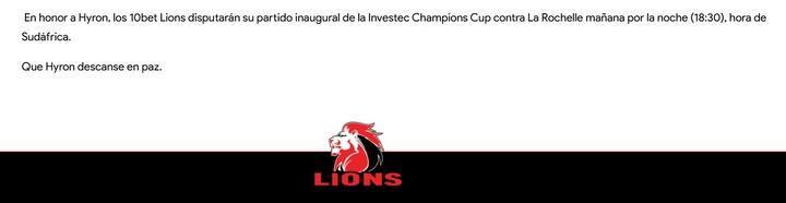 Confirmación del partido por parte de los Lions.