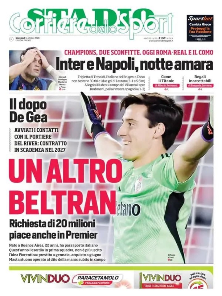 La tapa de Corriere dello Sport, con Santiago Beltrán como protagonista.