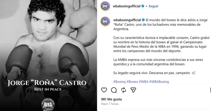 La Asociación Mundial de Boxeo se despidió de Roña Castro. (@wbaboxingofficial)